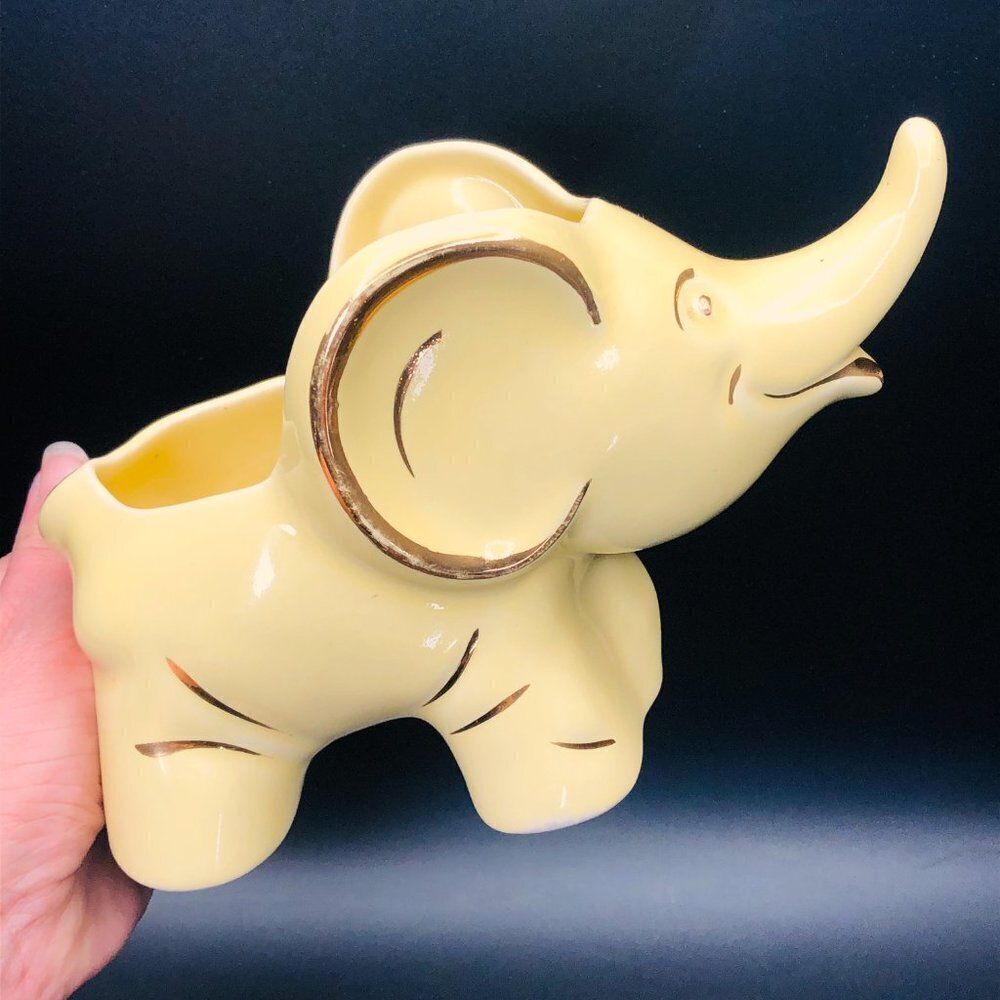 60s Kitsch Yellow Trunk Up Baby Elephant Ceramic Planter by PEARL China Co.